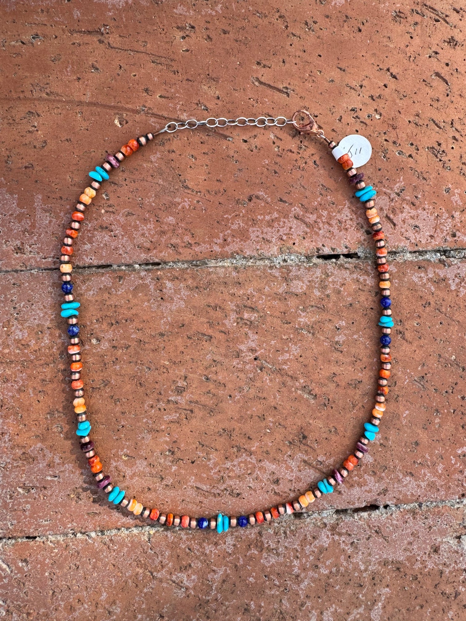 Handcrafted Turquoise, Spiny & Copper 3-4mm Beaded Necklace 16"