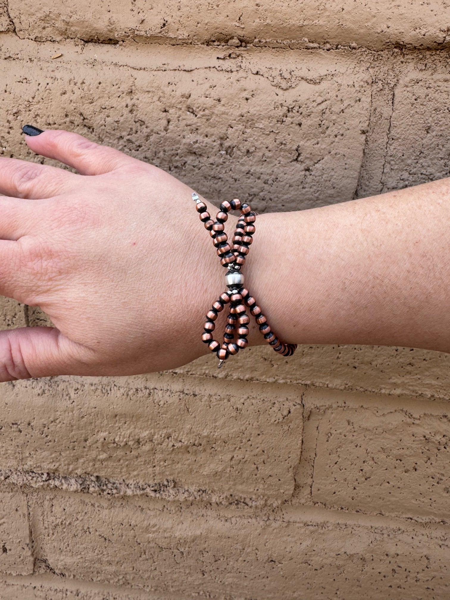 Handcrafted Bow Tie Copper 4-7mm Beaded Stretch Bracelet 6"