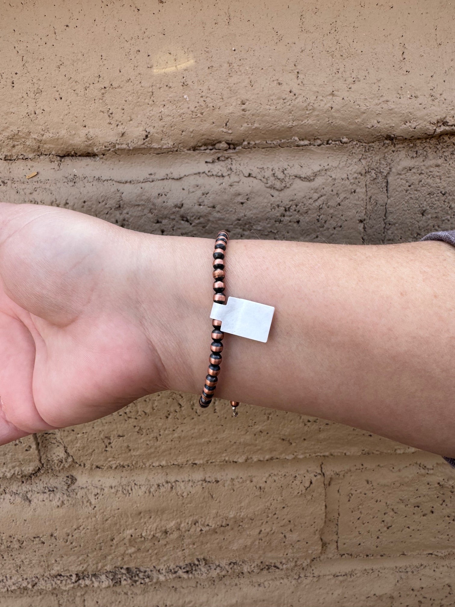 Handcrafted Bow Tie Copper 4-7mm Beaded Stretch Bracelet 6"