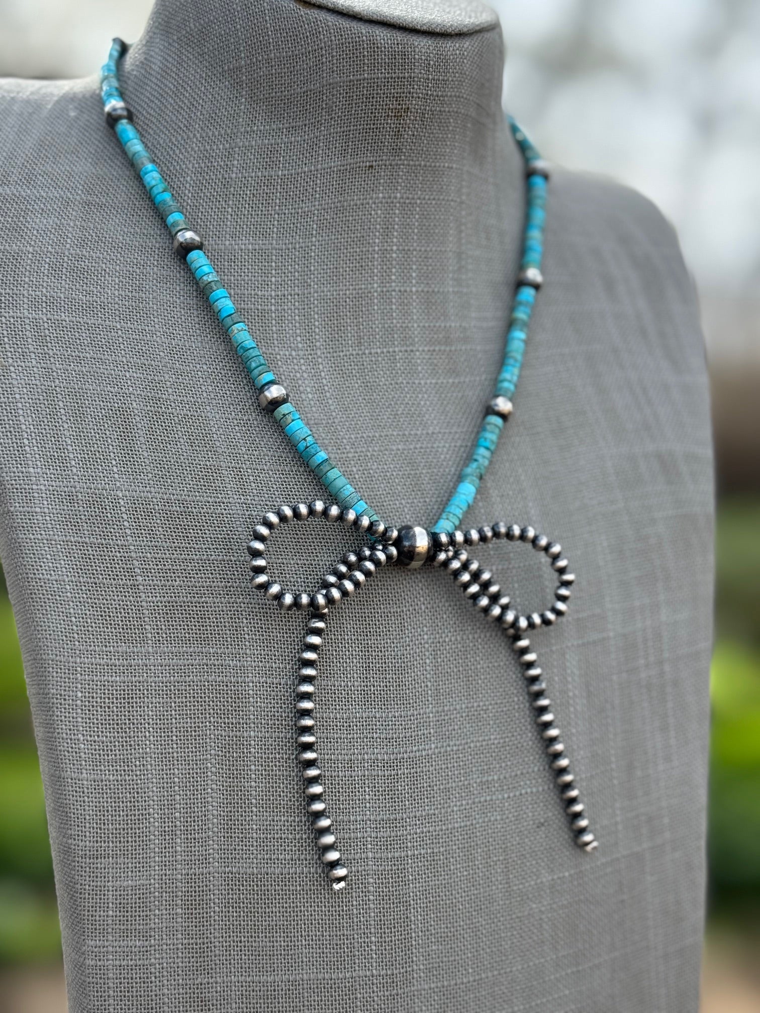 Handcrafted Sterling Silver & Turquoise Pearl Beaded Bow Tie Necklace 18"