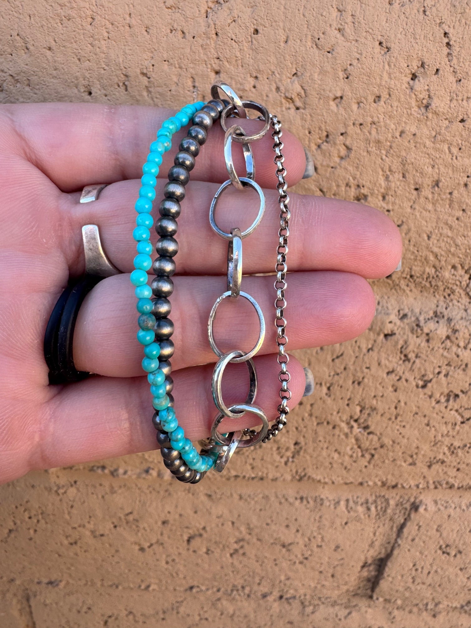 Handmade Turquoise and Sterling Silver 4 Strand 3-4mm Beaded Bracelet 7"-8"