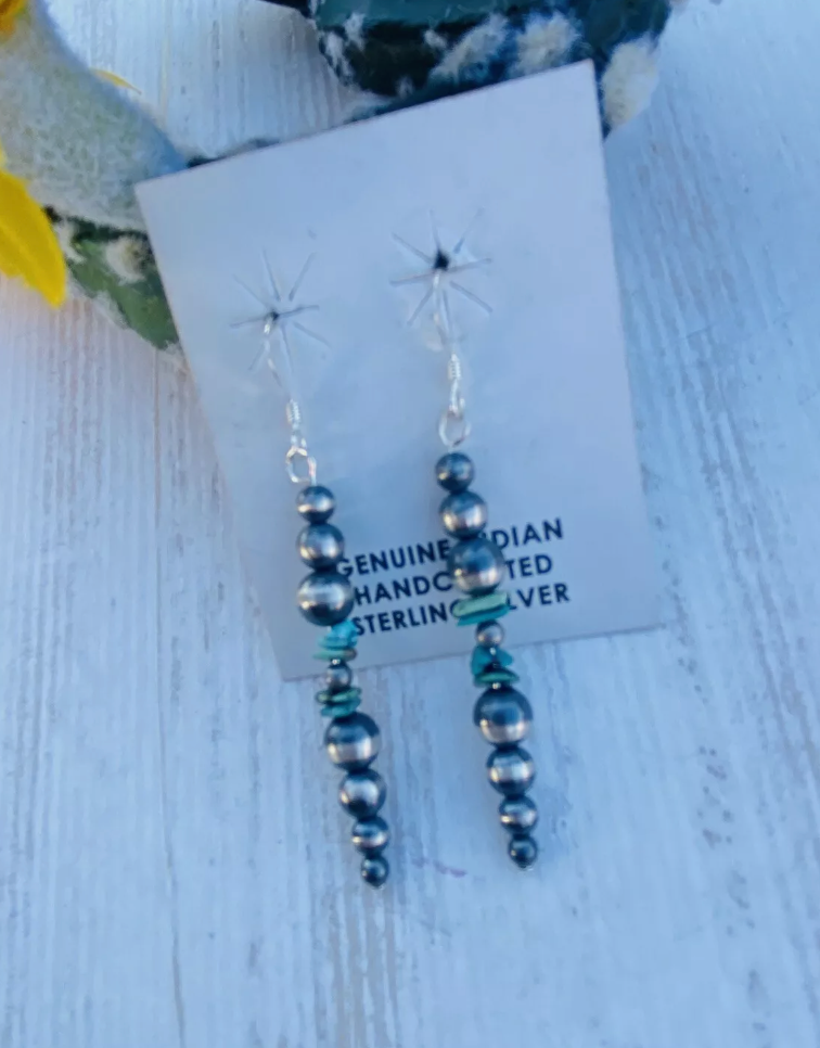 Navajo Turquoise & Sterling Silver Beaded Dangle Earrings