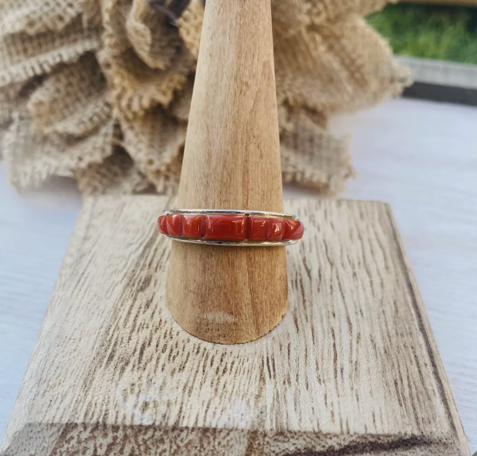 Navajo Coral and Sterling Silver Band Ring Size 8.75