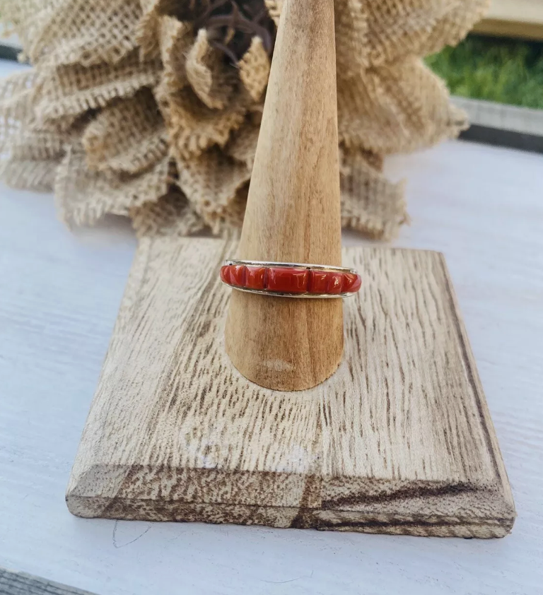 Navajo Coral and Sterling Silver Band Ring Size 8.75