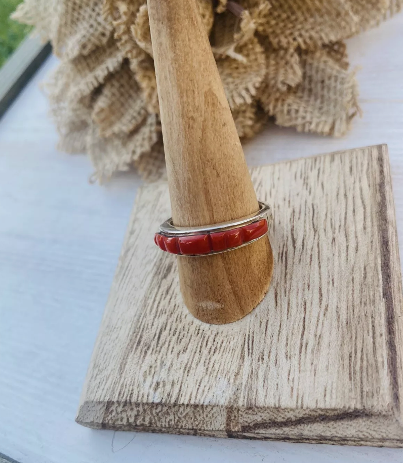 Navajo Coral and Sterling Silver Band Ring Size 8.75