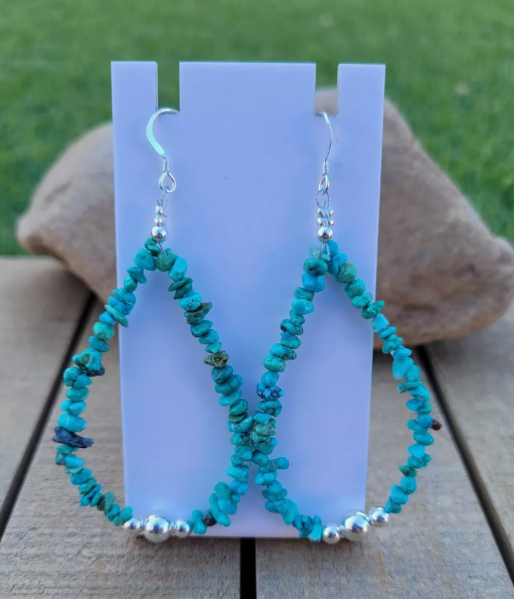 Navajo Turquoise & Sterling Silver Beaded Hoop Earrings