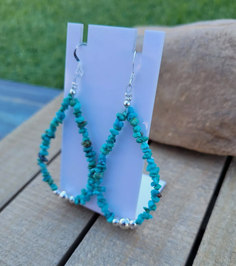 Navajo Turquoise & Sterling Silver Beaded Hoop Earrings