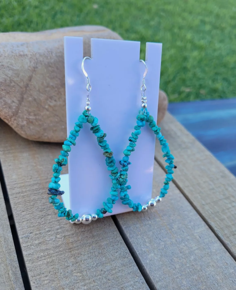 Navajo Turquoise & Sterling Silver Beaded Hoop Earrings