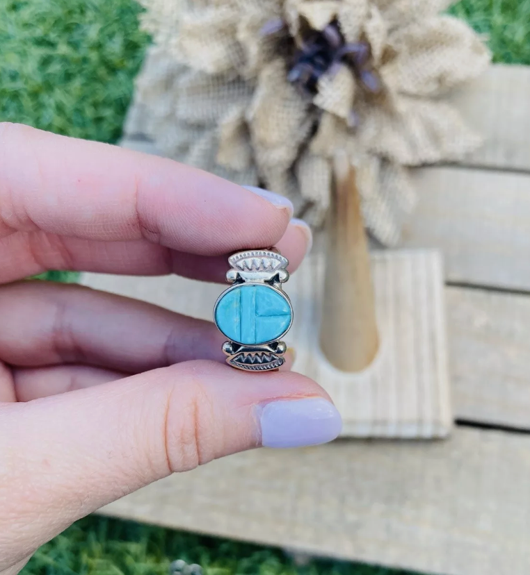 Navajo Sterling Silver & Turquoise Inlay Ring Size 6.25