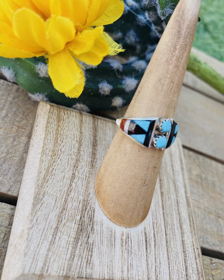 Zuni Sterling Silver & Multi Stone Inlay Ring Size 5