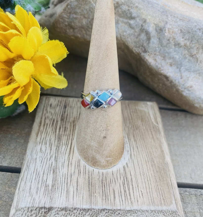 Zuni Sterling Silver & Multi Stone Ring Size 6.25