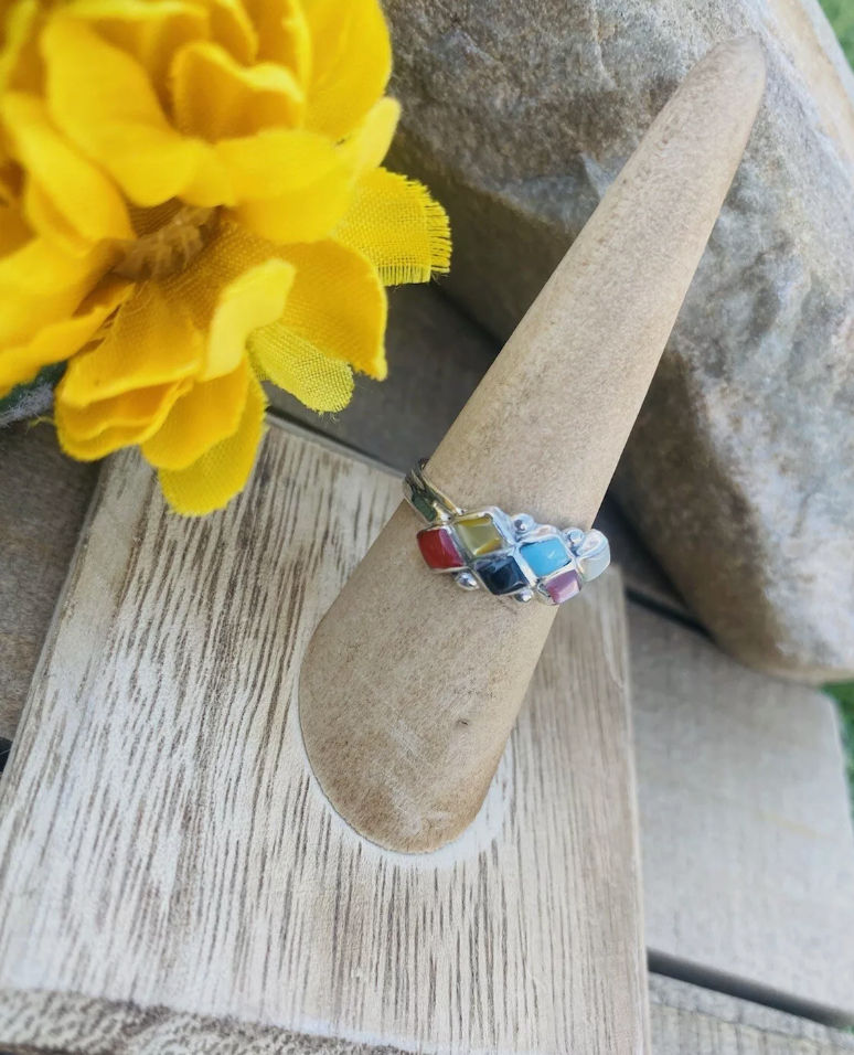 Zuni Sterling Silver & Multi Stone Ring Size 6.25