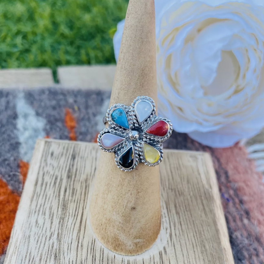 Zuni Sterling Silver & Multi Stone Flower Ring Size 6