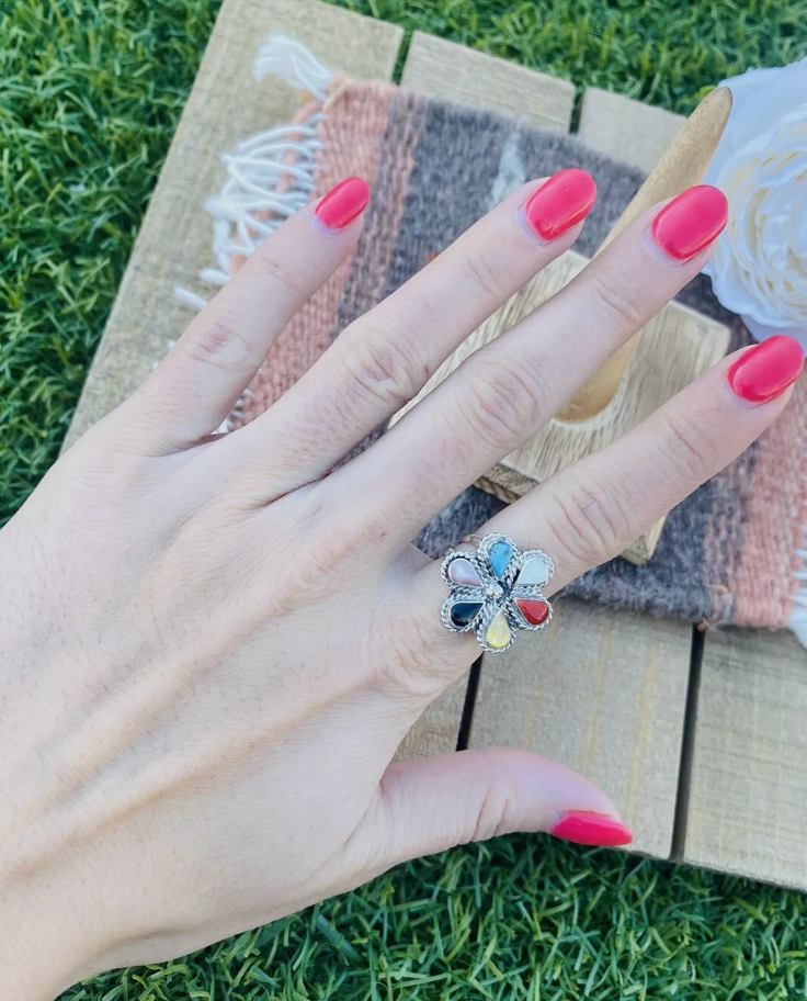 Zuni Sterling Silver & Multi Stone Flower Ring Size 6