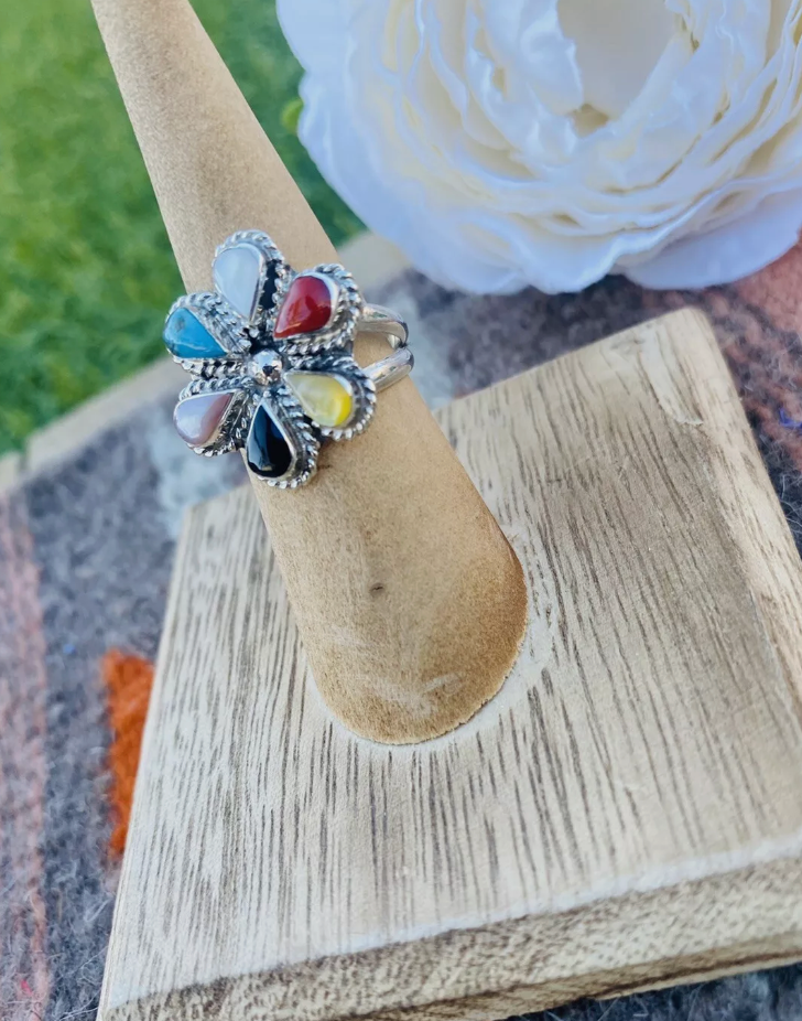 Zuni Sterling Silver & Multi Stone Flower Ring Size 6