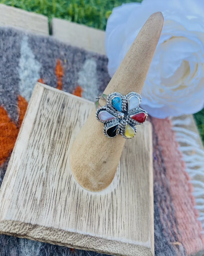 Zuni Sterling Silver & Multi Stone Flower Ring Size 6