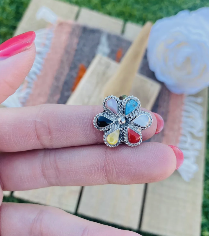 Zuni Sterling Silver & Multi Stone Flower Ring Size 6