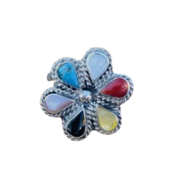 Zuni Sterling Silver & Multi Stone Flower Ring Size 6