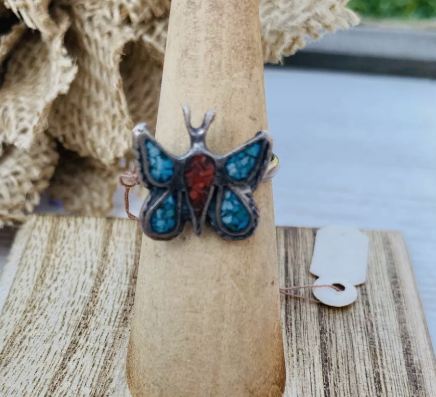 Old Pawn Vintage Navajo Sterling Silver, Turquoise & Coral Butterfly Ring Size 5