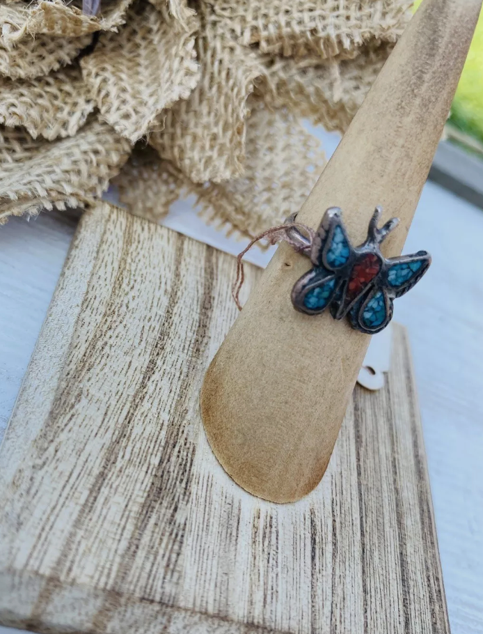 Old Pawn Vintage Navajo Sterling Silver, Turquoise & Coral Butterfly Ring Size 5