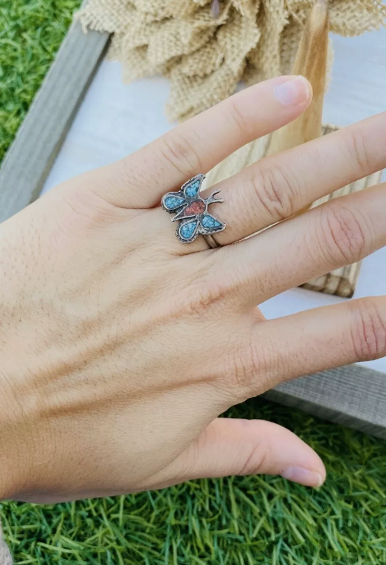 Old Pawn Vintage Navajo Sterling Silver, Turquoise & Coral Butterfly Ring Size 5