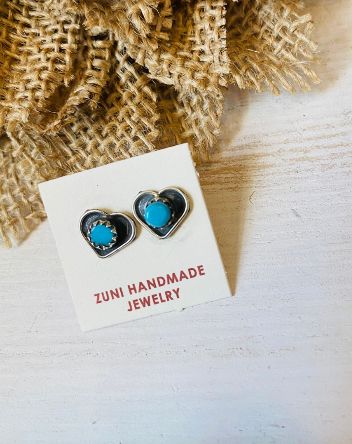 Zuni Sterling Silver & Turquoise Heart Stud Earrings