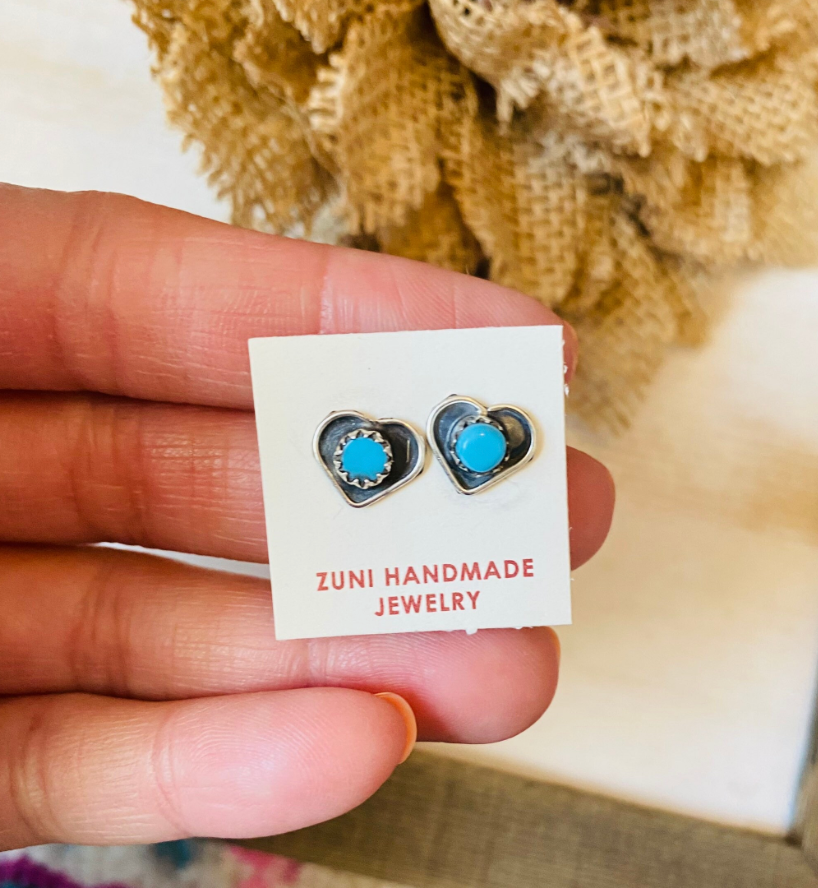 Zuni Sterling Silver & Turquoise Heart Stud Earrings