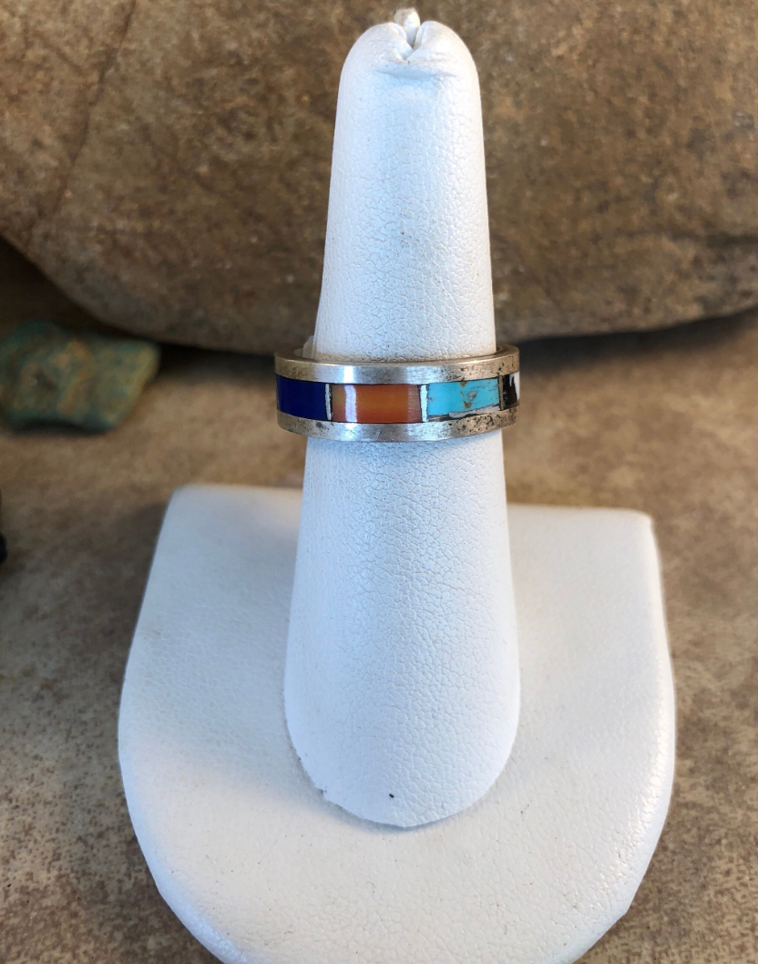 Zuni Sterling Silver & Multi Stone Inlay Band Ring Size 8