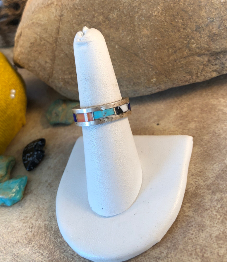 Zuni Sterling Silver & Multi Stone Inlay Band Ring Size 8