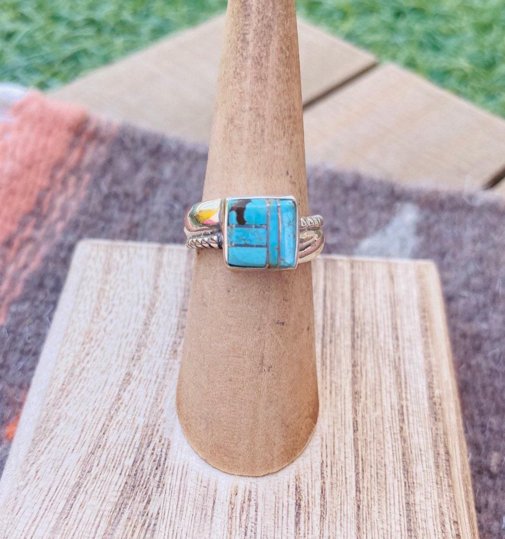 Navajo Sterling Silver & Turquoise Inlay Ring Size 5