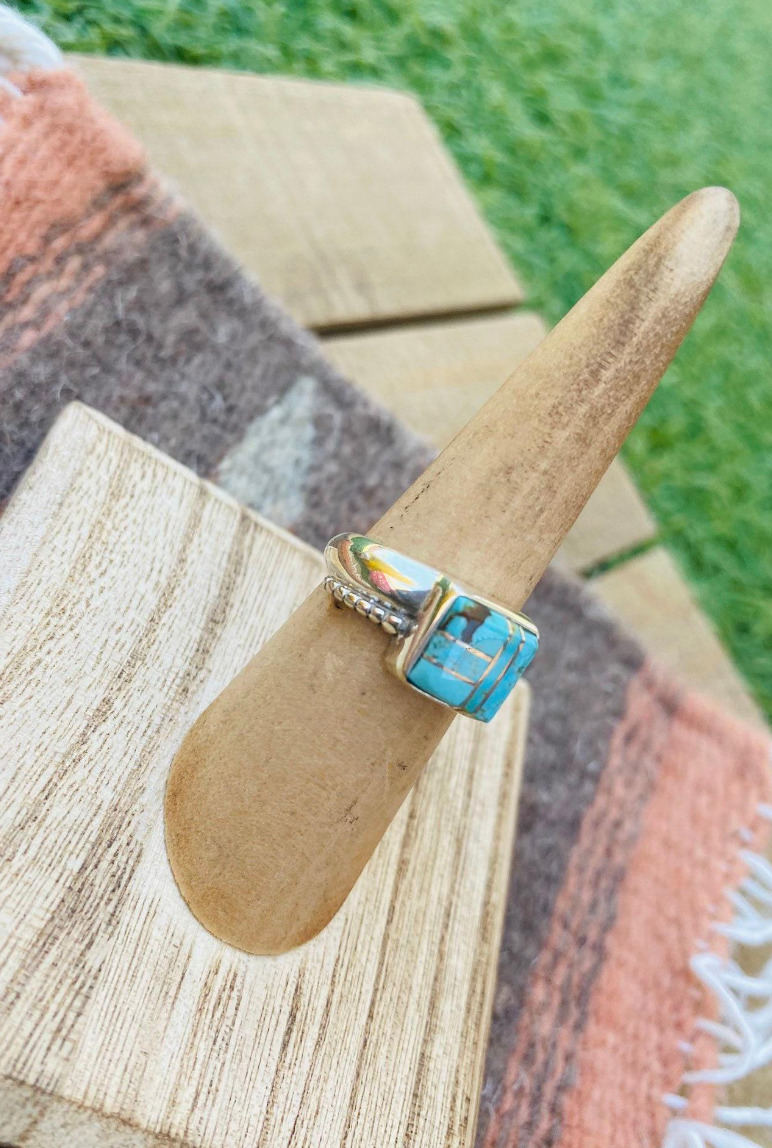 Navajo Sterling Silver & Turquoise Inlay Ring Size 5