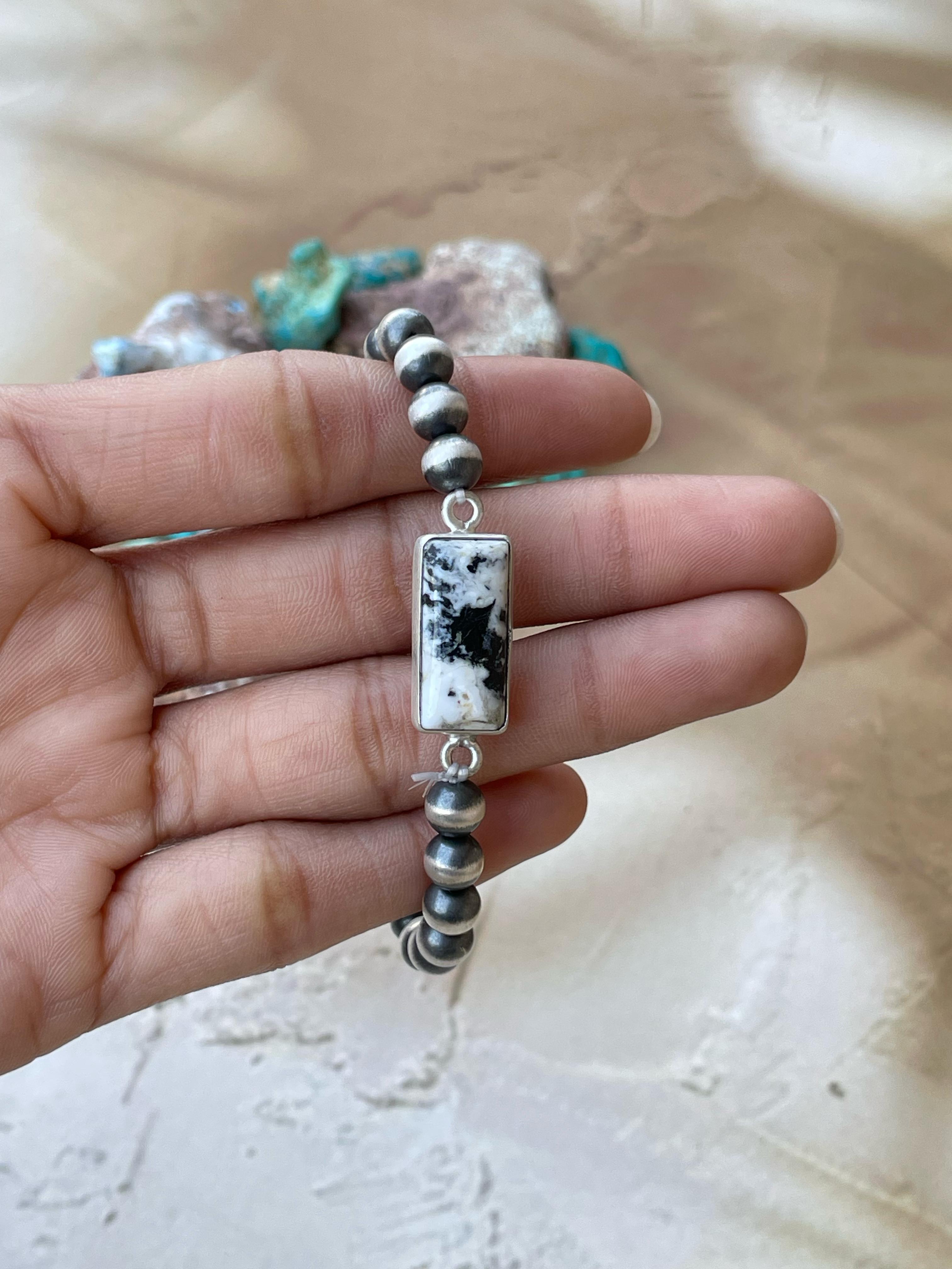 Handmade Sterling Silver 6 Inch Beaded bracelet with stone Signed Nizhoni