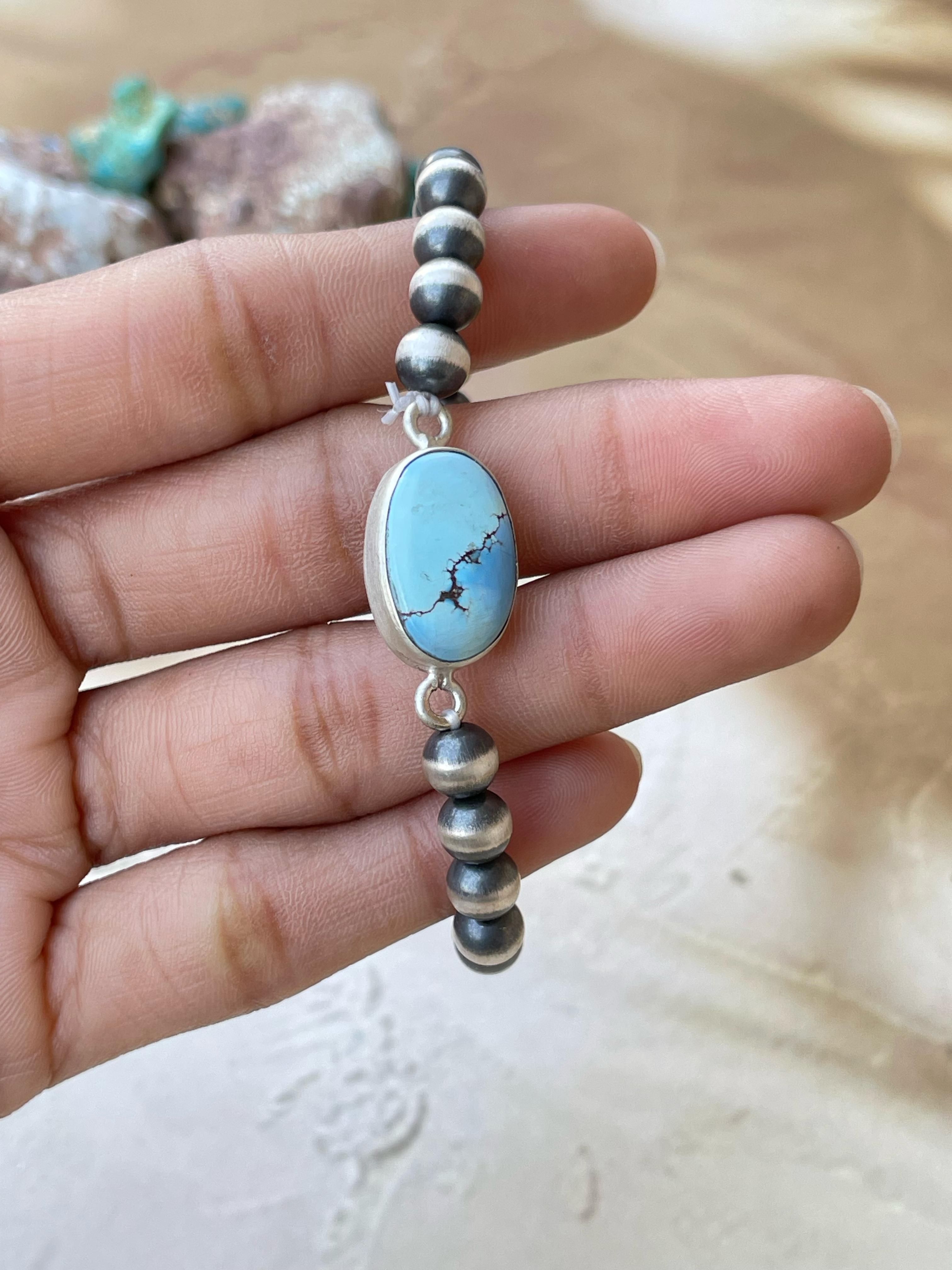 Handmade Sterling Silver 6 Inch Beaded bracelet with stone Signed Nizhoni