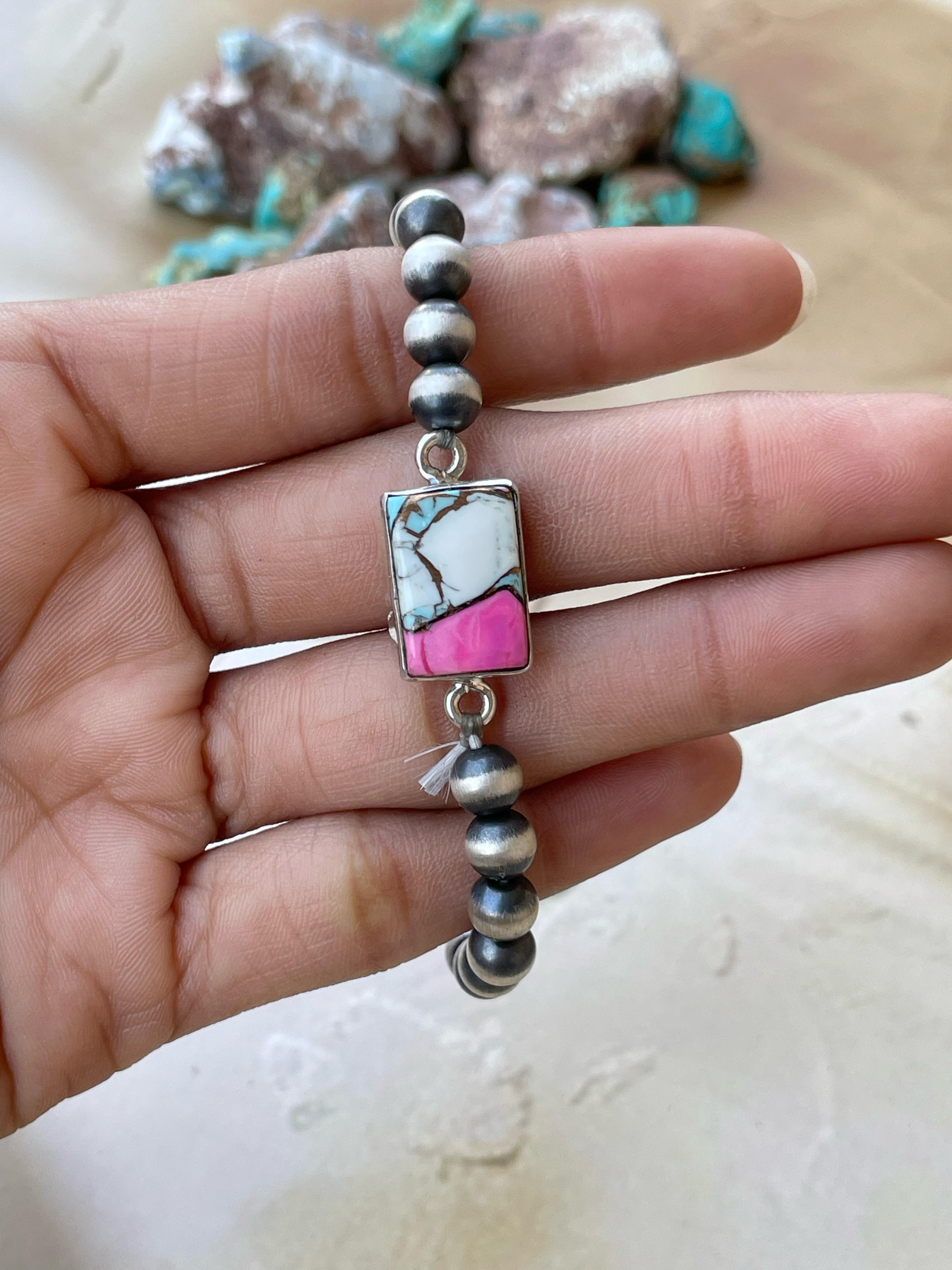 Handmade Sterling Silver 6 Inch Beaded bracelet with stone Signed Nizhoni