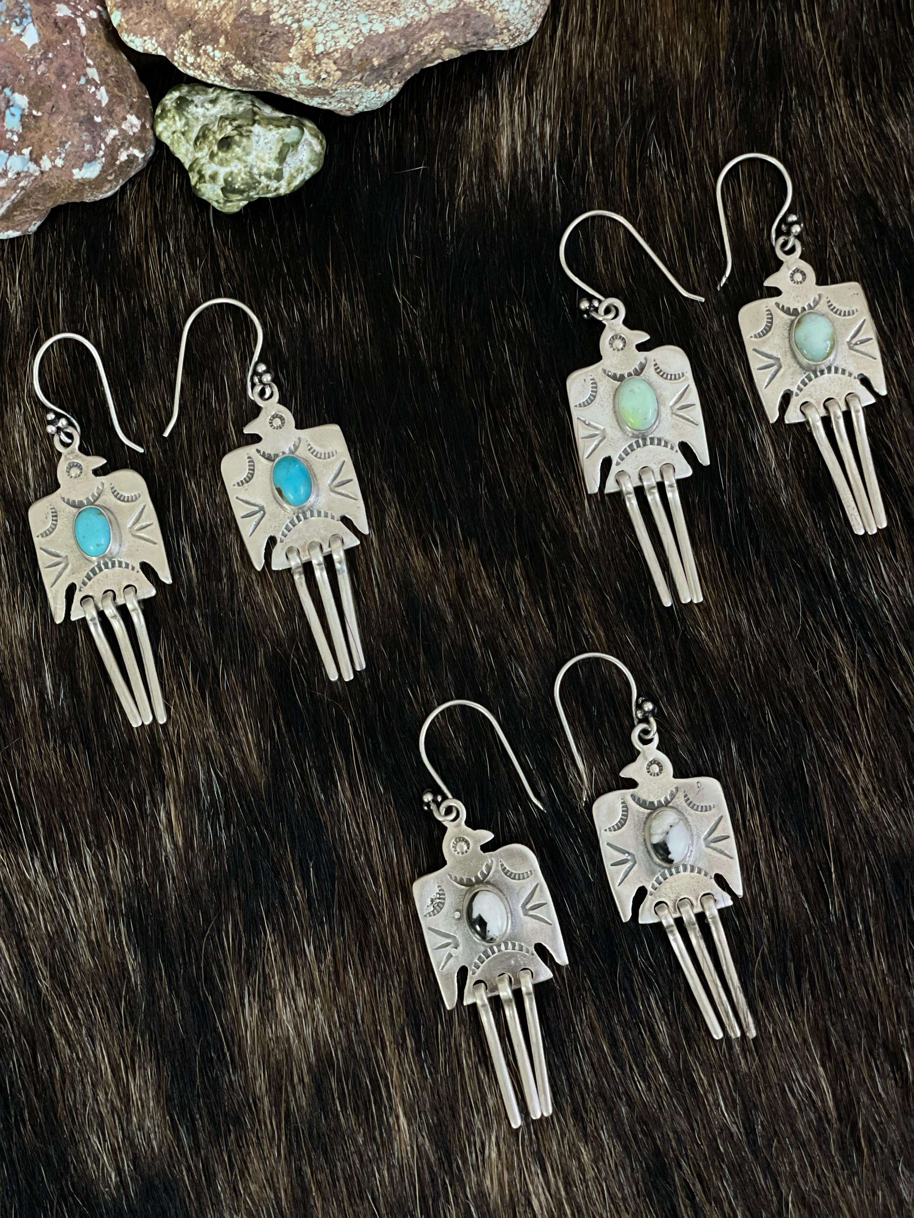 Handmade Sterling Silver White Buffalo, Kingman, Paloma Turquoise Dangle Thunder Bird Earrings with Signed Nizhoni