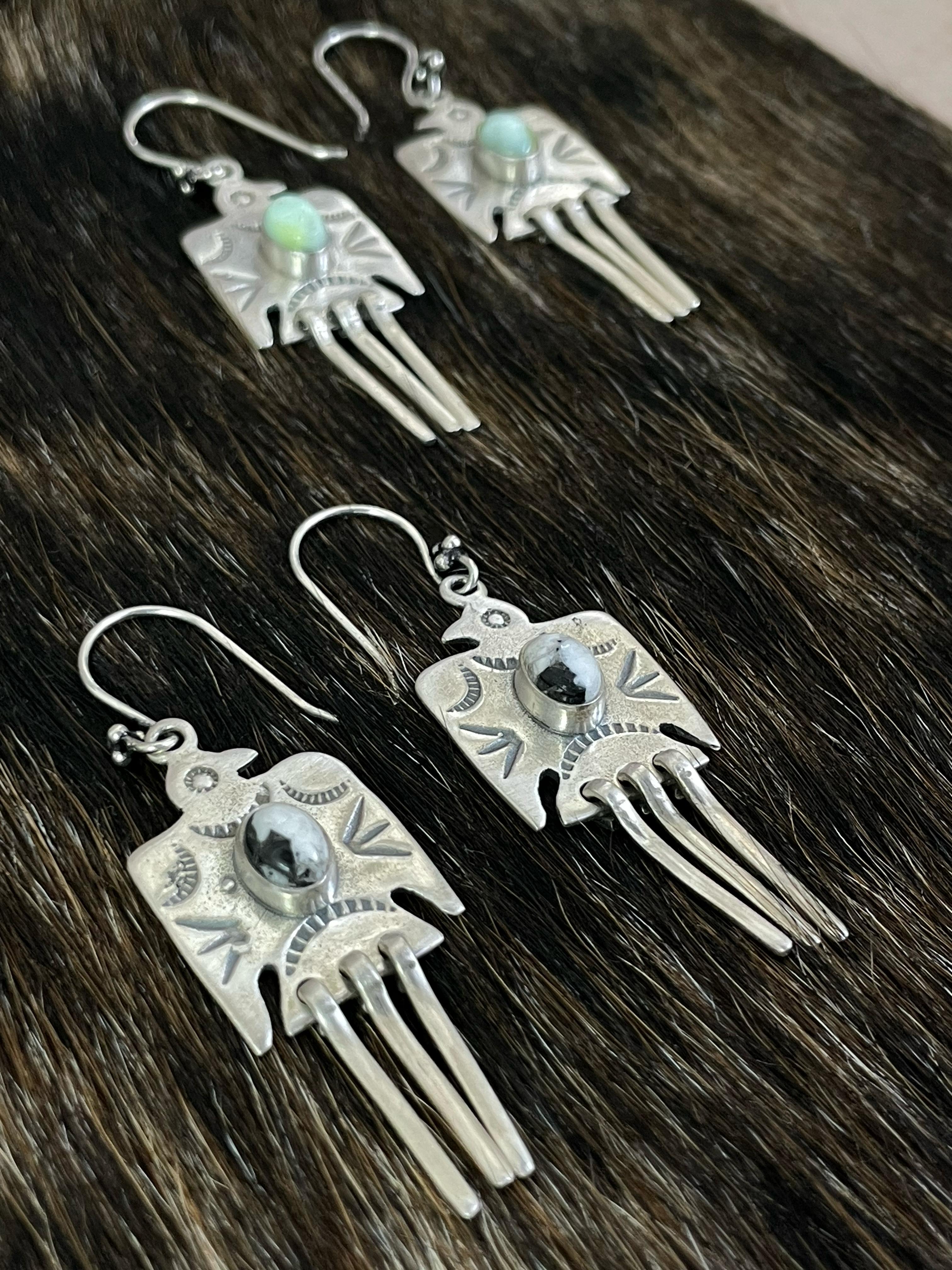 Handmade Sterling Silver White Buffalo, Kingman, Paloma Turquoise Dangle Thunder Bird Earrings with Signed Nizhoni