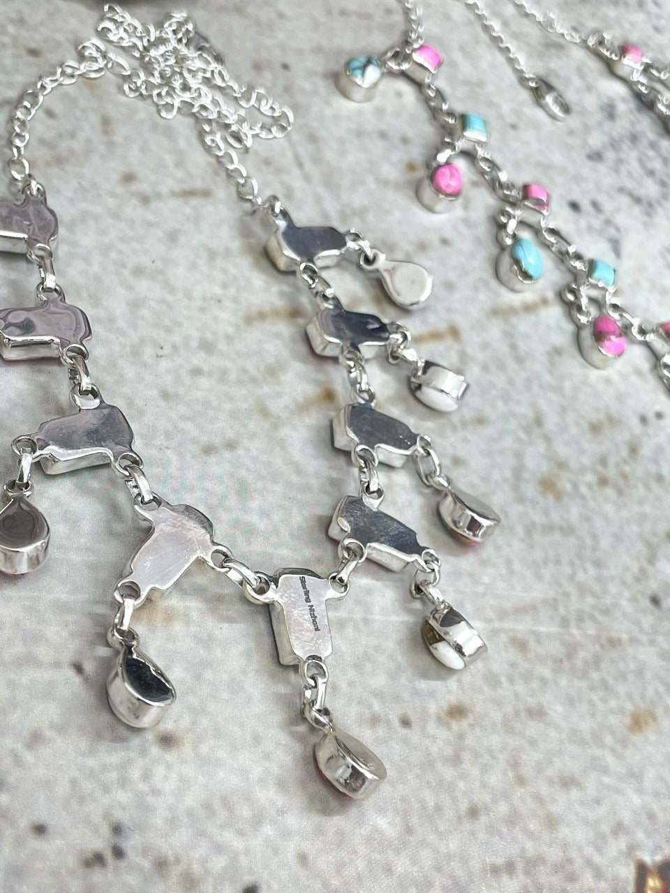 Handmade Sterling Silver Cotton Candy Turquoise Necklace, Signed Nizhoni