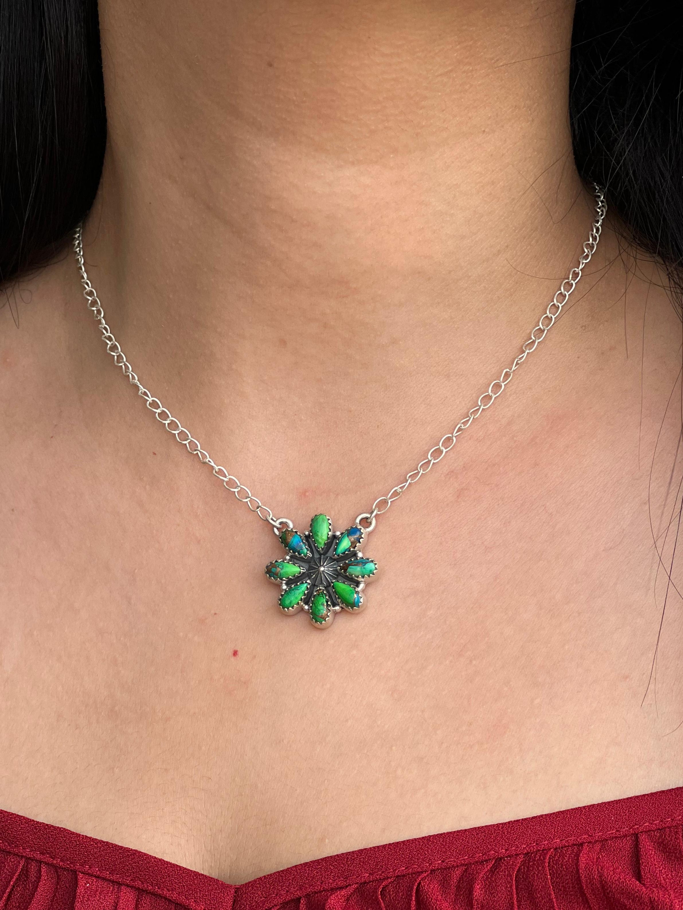 Handmade Sterling Silver Peacock Dahlia, Cotton Candy Turquoise Necklace with Signed Nizhoni