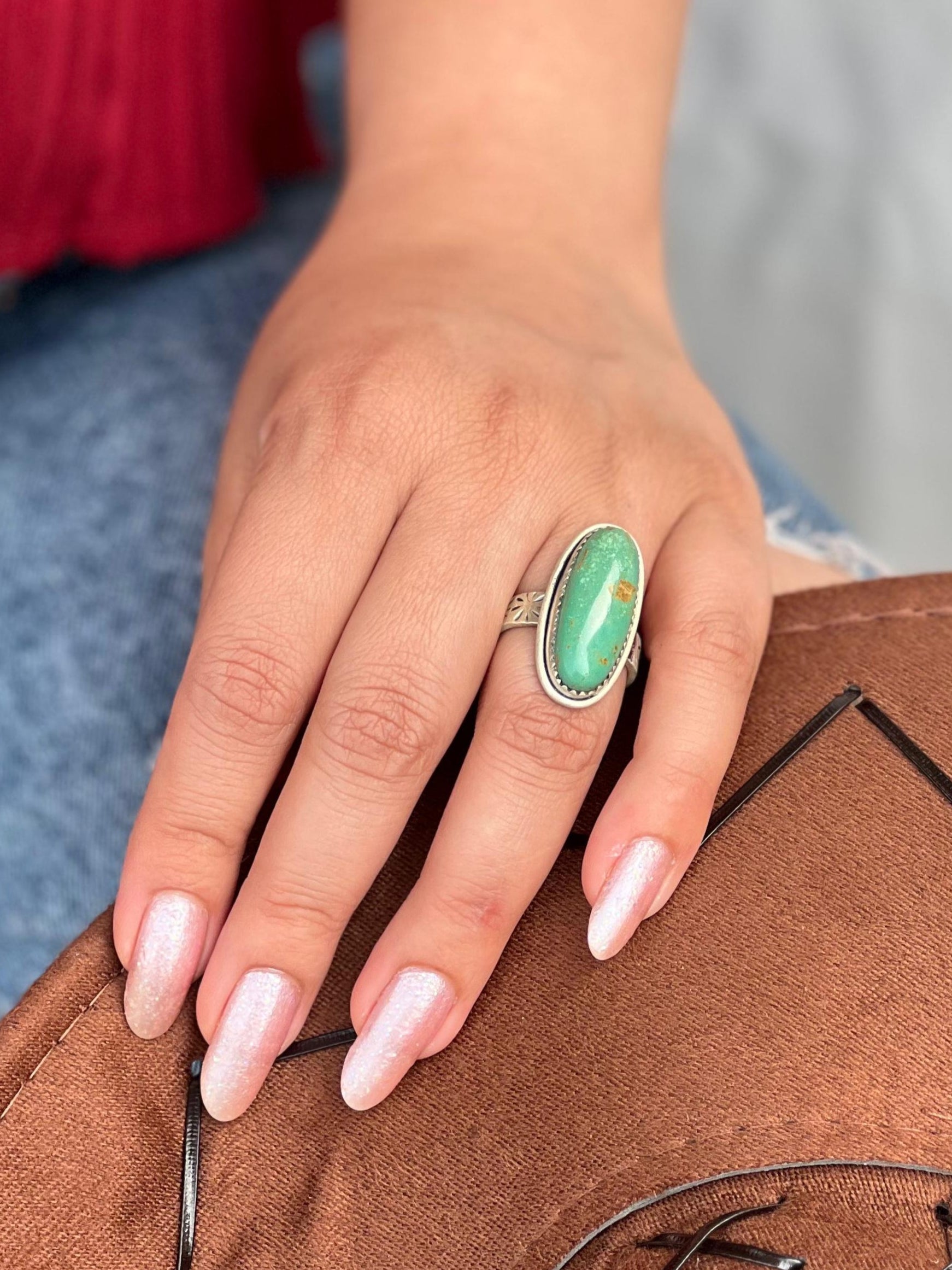 Handmade Sterling Silver Royston Turquoise Adjustable Ring with Signed Nizhoni