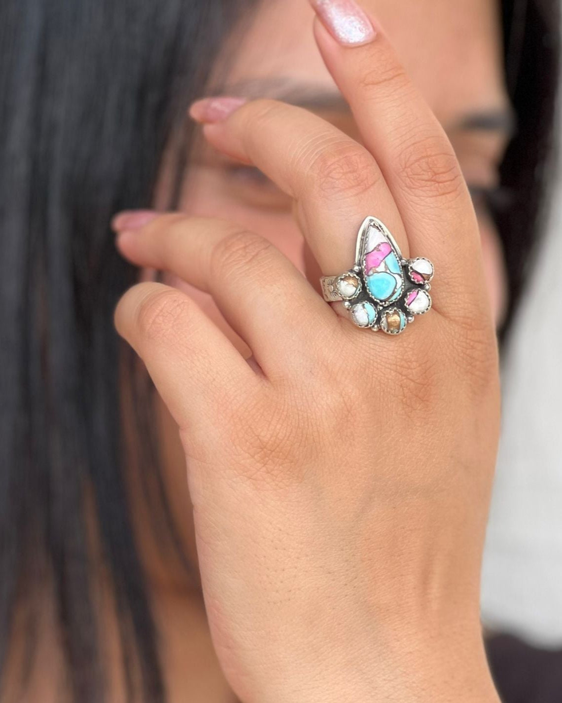 Handmade Sterling Silver Cotton Candy Turquoise Adjustable Ring with Signed Nizhoni