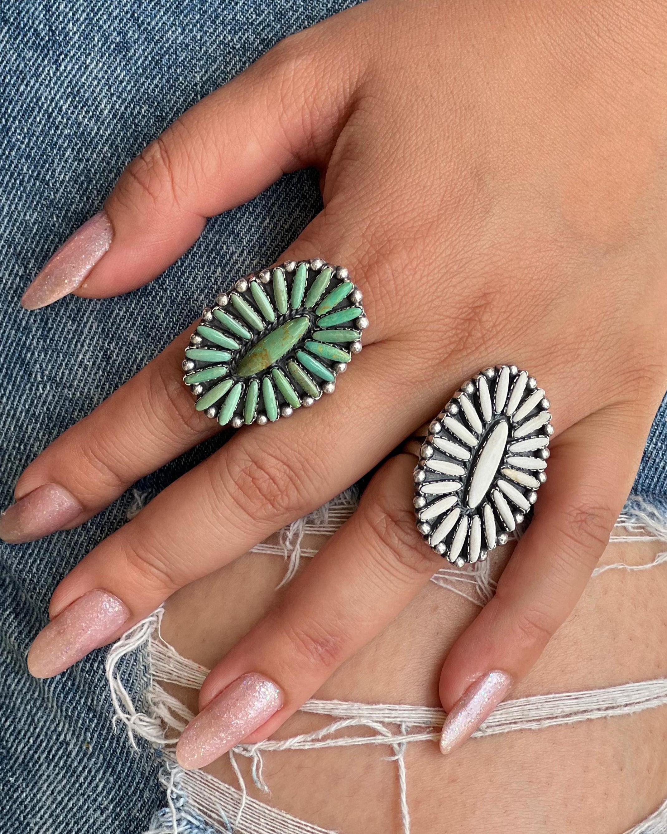 Handmade Sterling Silver White Buffalo, Kingman Turquoise Adjustable Ring, Signed Nizhon