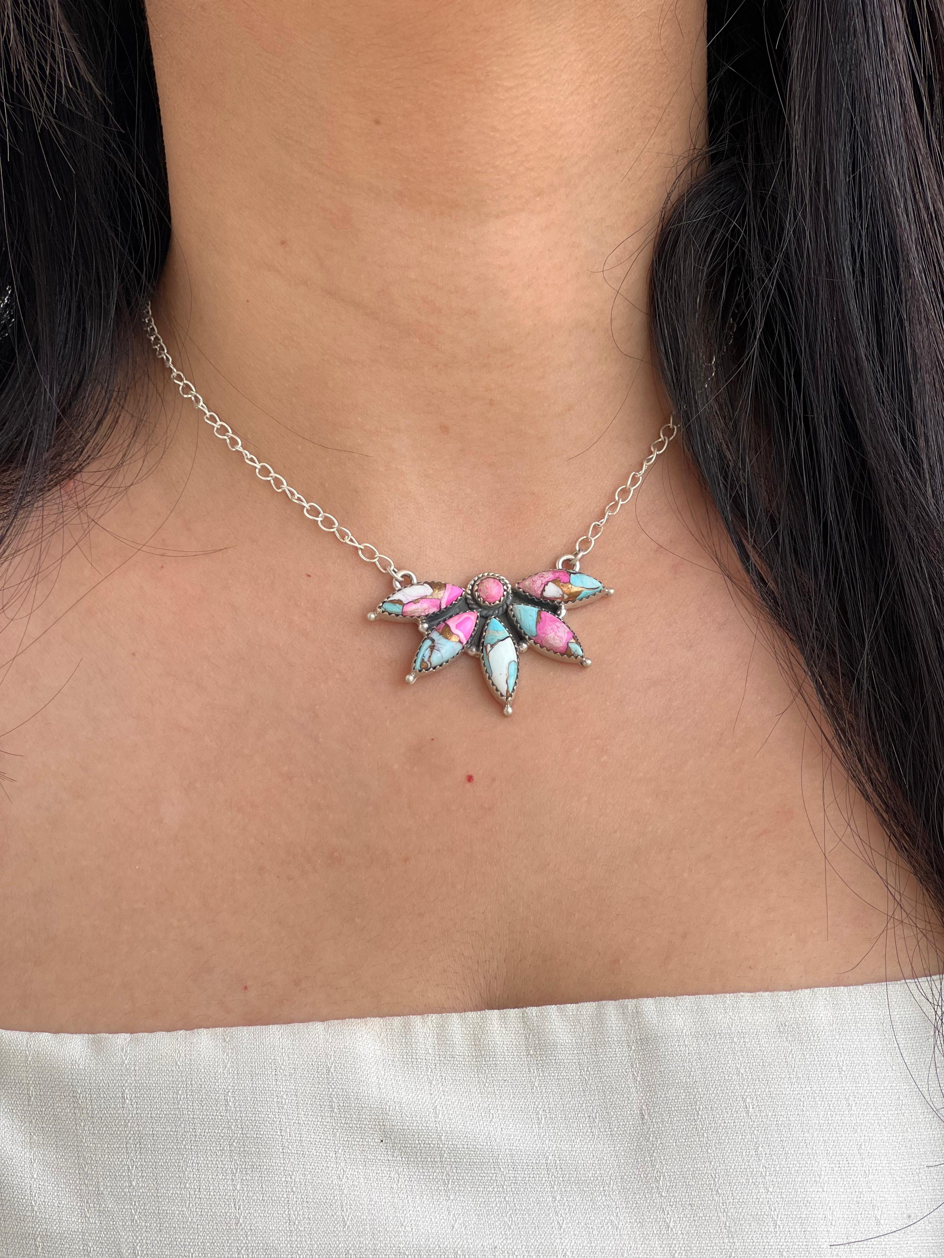 Handmade Sterling Silver Cotton Candy Turquoise Necklace with Signed Nizhoni