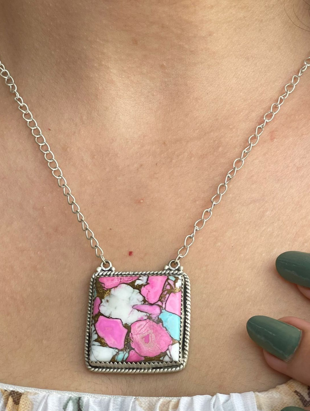 Handmade Sterling Silver Dahlia Rose, Cotton Candy Turquoise Necklace with Signed Nizhoni