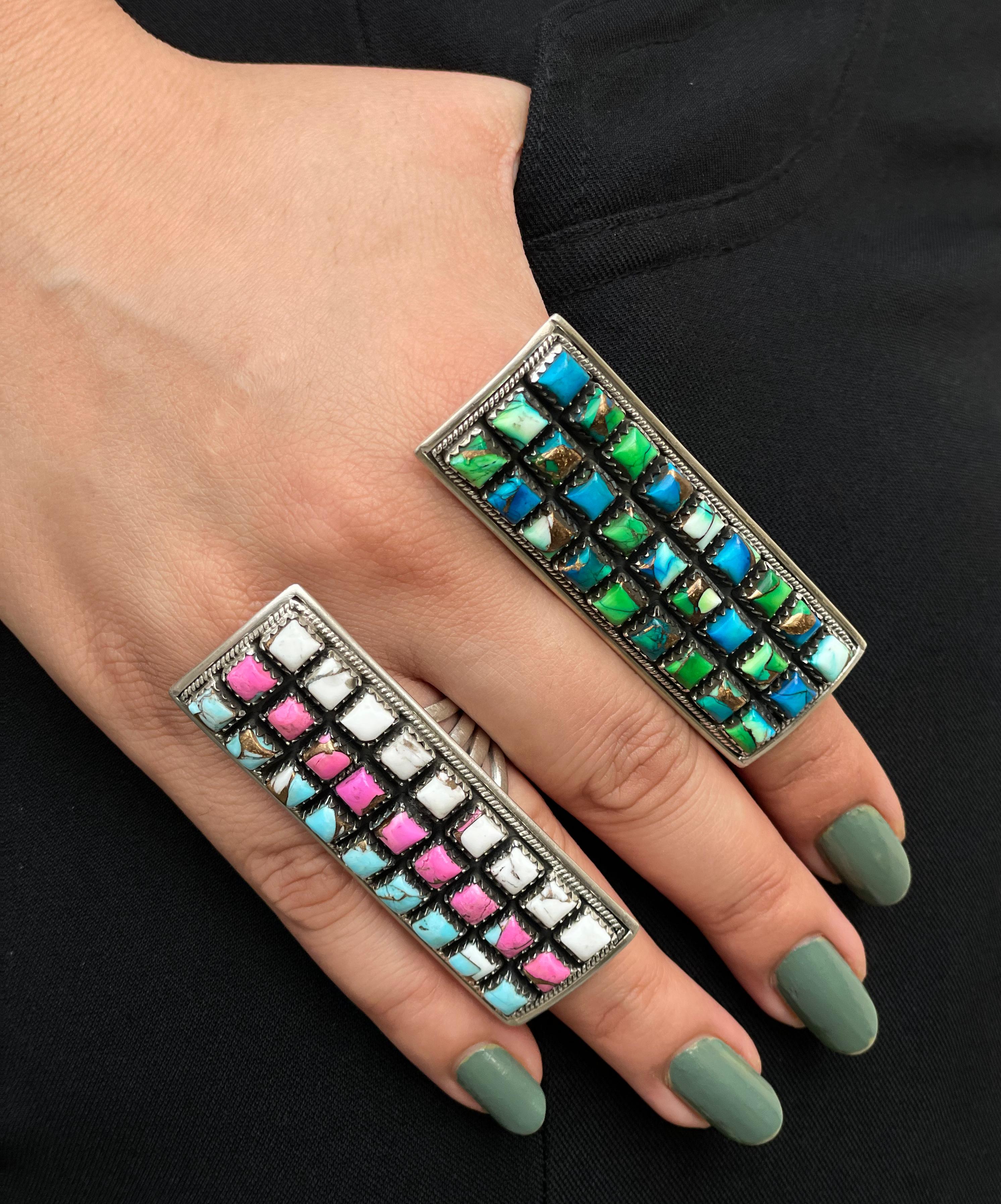 Handmade Sterling Silver Cotton Candy Turquoise, Peacock Dahlia Adjustable Rings with Signed Nizhoni