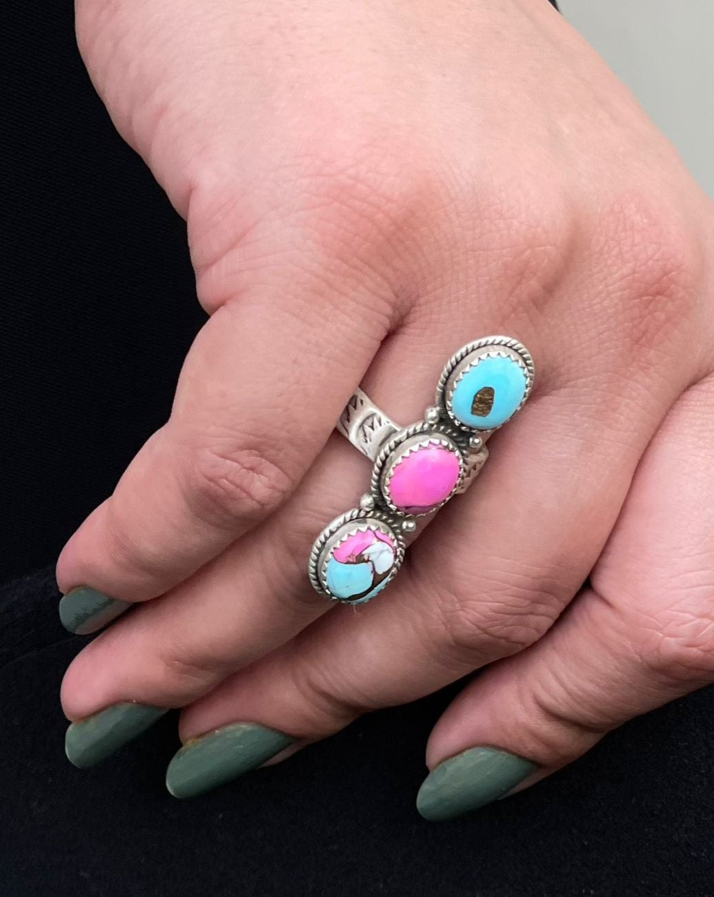 Handmade Sterling Silver Cotton Candy Turquoise Adjustable Ring with Signed Nizhoni