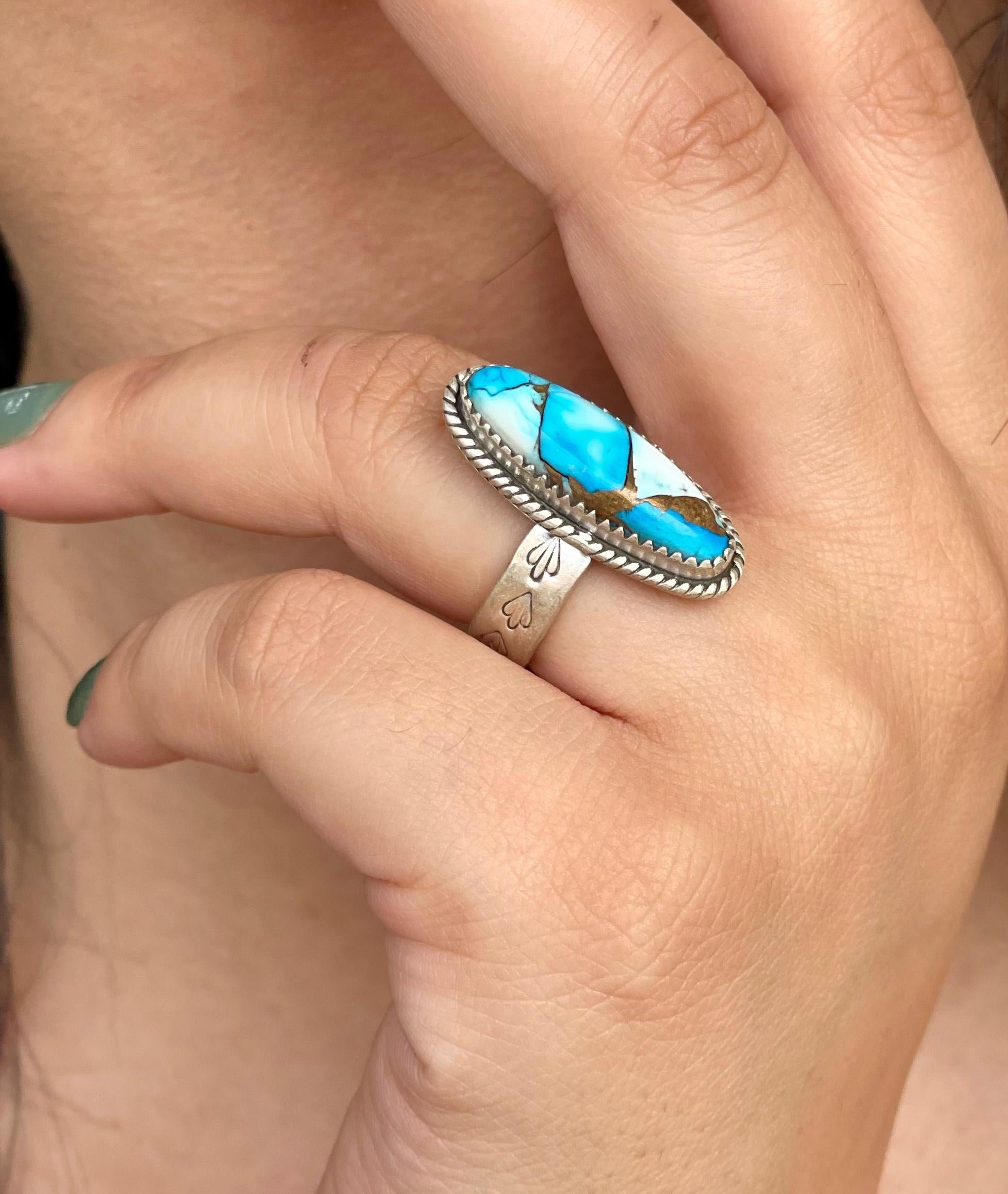 Handmade Sterling Silver Blue Ice Dahlia Adjustable Ring with Signed Nizhoni