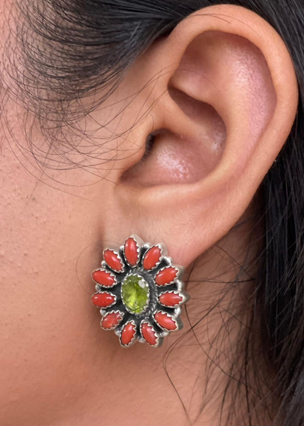 Christmas Handmade Sterling Silver Coral with Peridot Post Studs, Signed Nizhoni