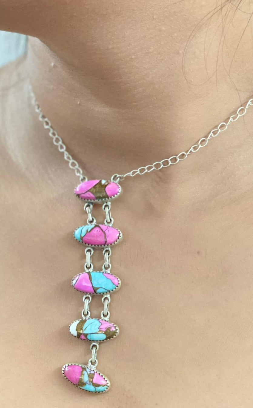 Handmade Sterling Silver Cotton Candy Turquoise Stairs Necklace with Signed Nizhoni (9)