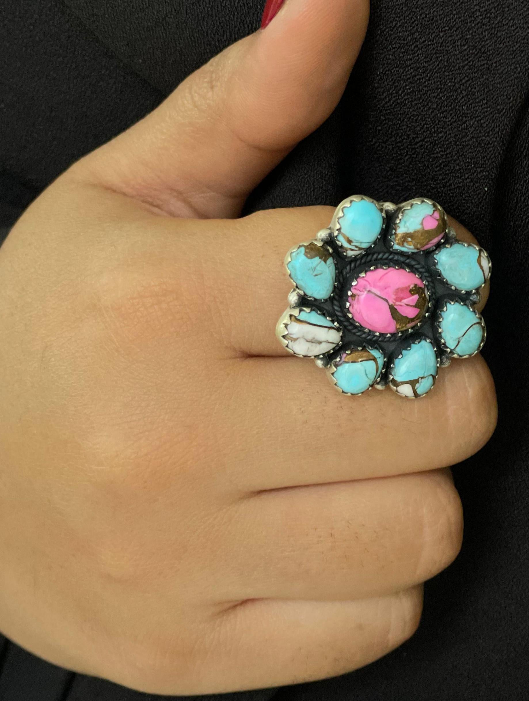 Handmade Sterling Silver Cotton Candy Turquoise Adjustable Rings with Signed Nizhoni