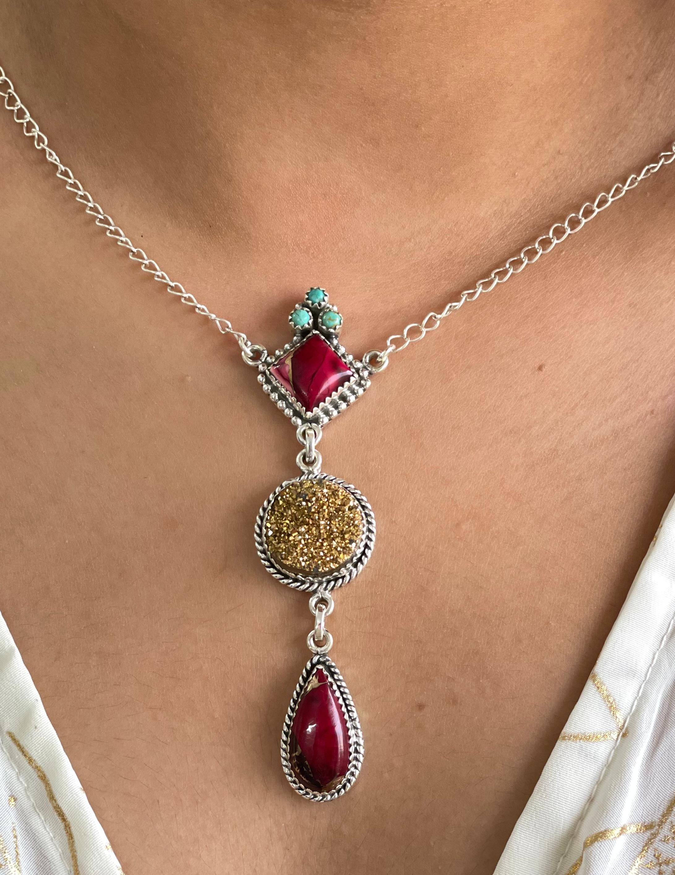 Handmade Sterling Silver Dahlia Rose with Druzy Necklace with Signed Nizhoni